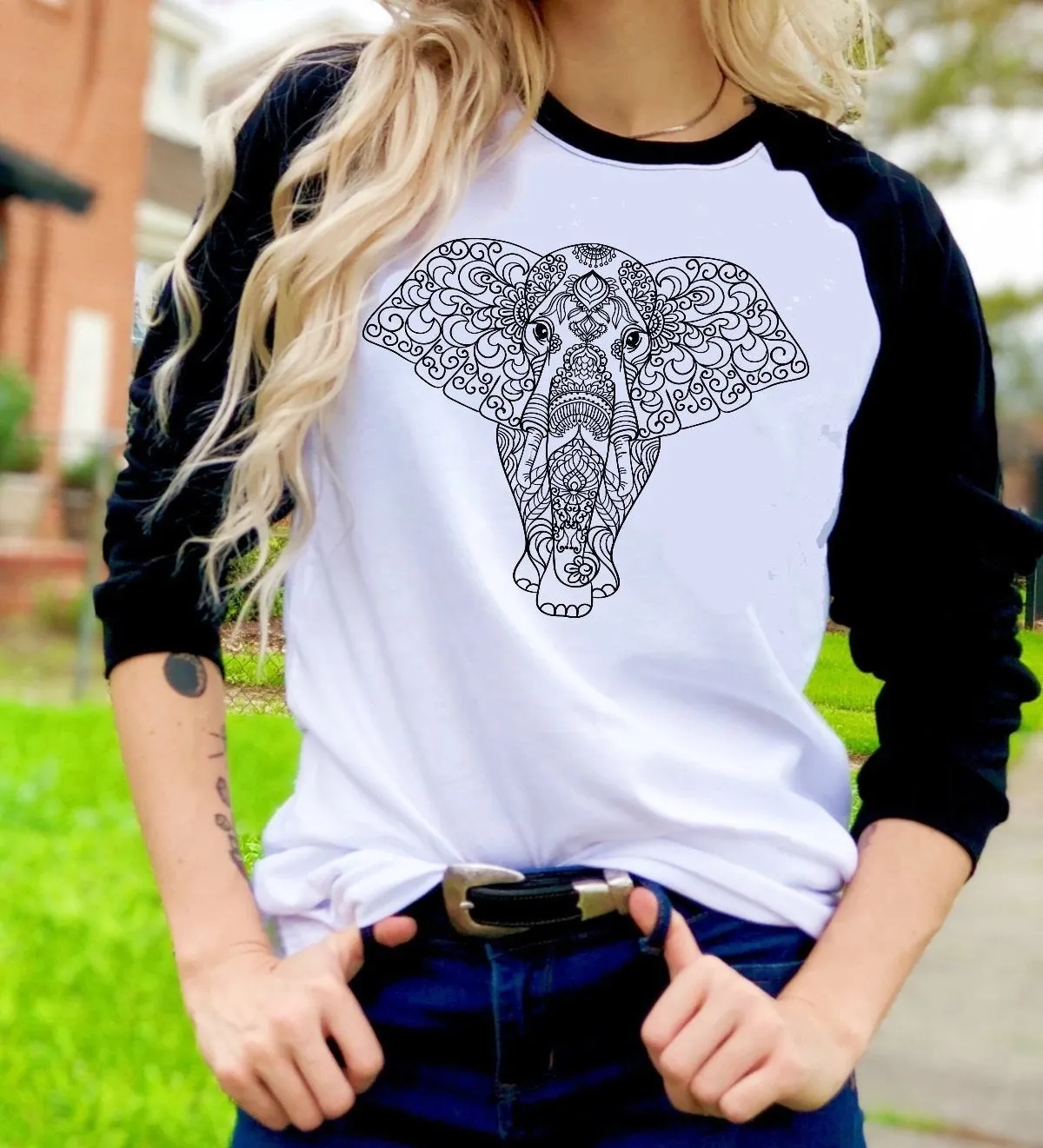 Elephant Mandala Elephant Safari Boho Unisex Novelty T-Shirt Tee Raglan shirt