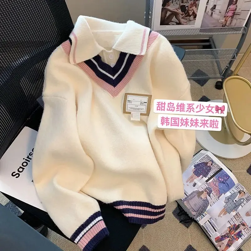 Fake Two Jumper Preppy Style Korean Sweater Women Clothing Sueter Mujer Thicked Warm Knitted Pullovers Tops Korean Pull Femme