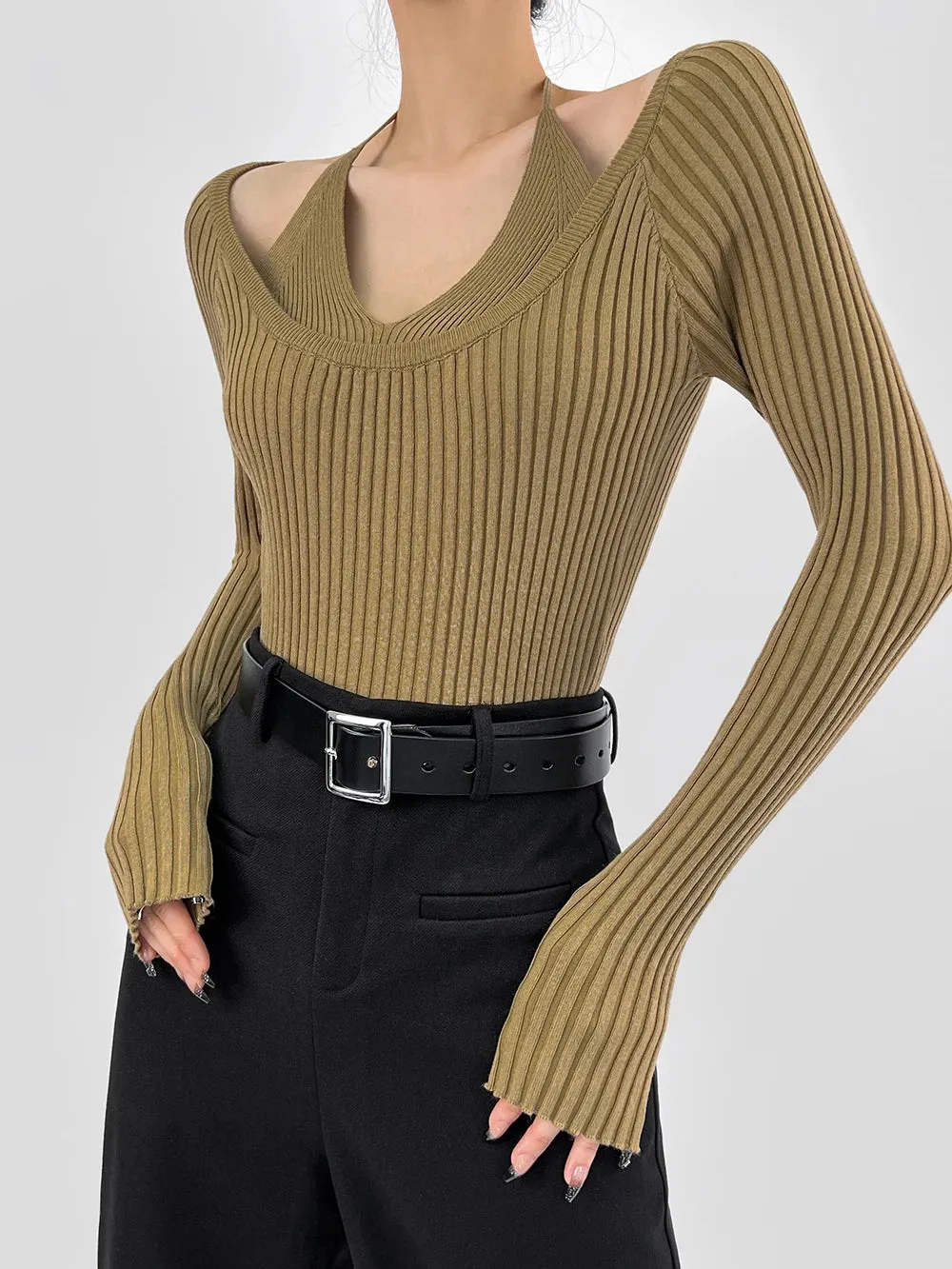 Fake Two-Piece Halter Beige Sweater T-shirt Women's Autumn 2023 New Long Sleeve Slim Tight Bottoming Sweater  C-059