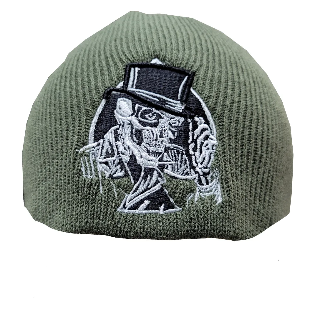Fat Skeleton ™ 3D Embroidered Top Hat Skull logo Olive green beanie