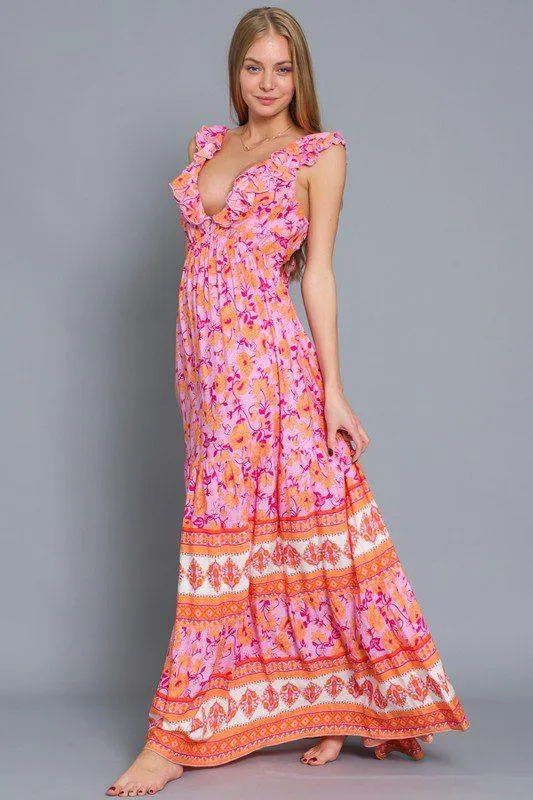 Floral Print V-Neck Maxi Dress