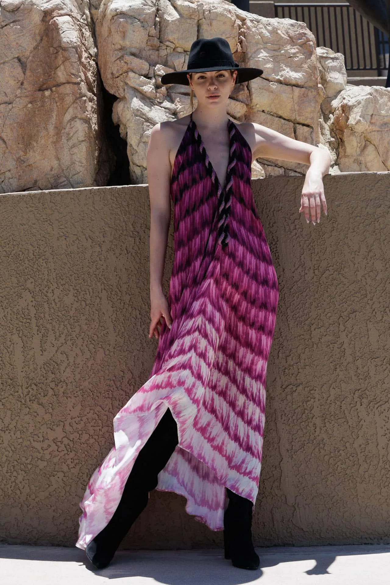 Fuchsia Feather Print Maxi Dress