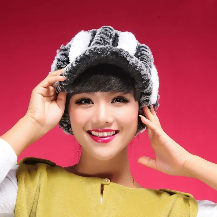 Fur Hat Real Rex Rabbit Hat Lady Headgear for Women 13604