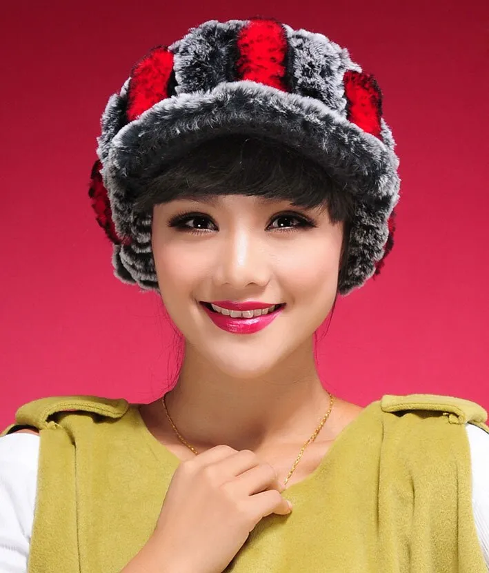 Fur Hat Real Rex Rabbit Hat Lady Headgear for Women 13604