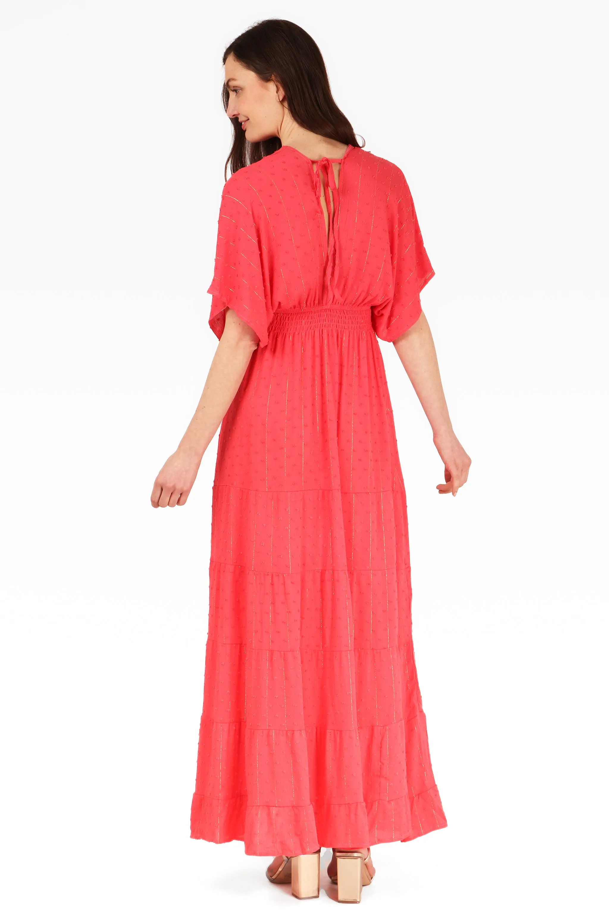 Gold Metallic Stripe Dobby Maxi Kaftan Dress in Coral