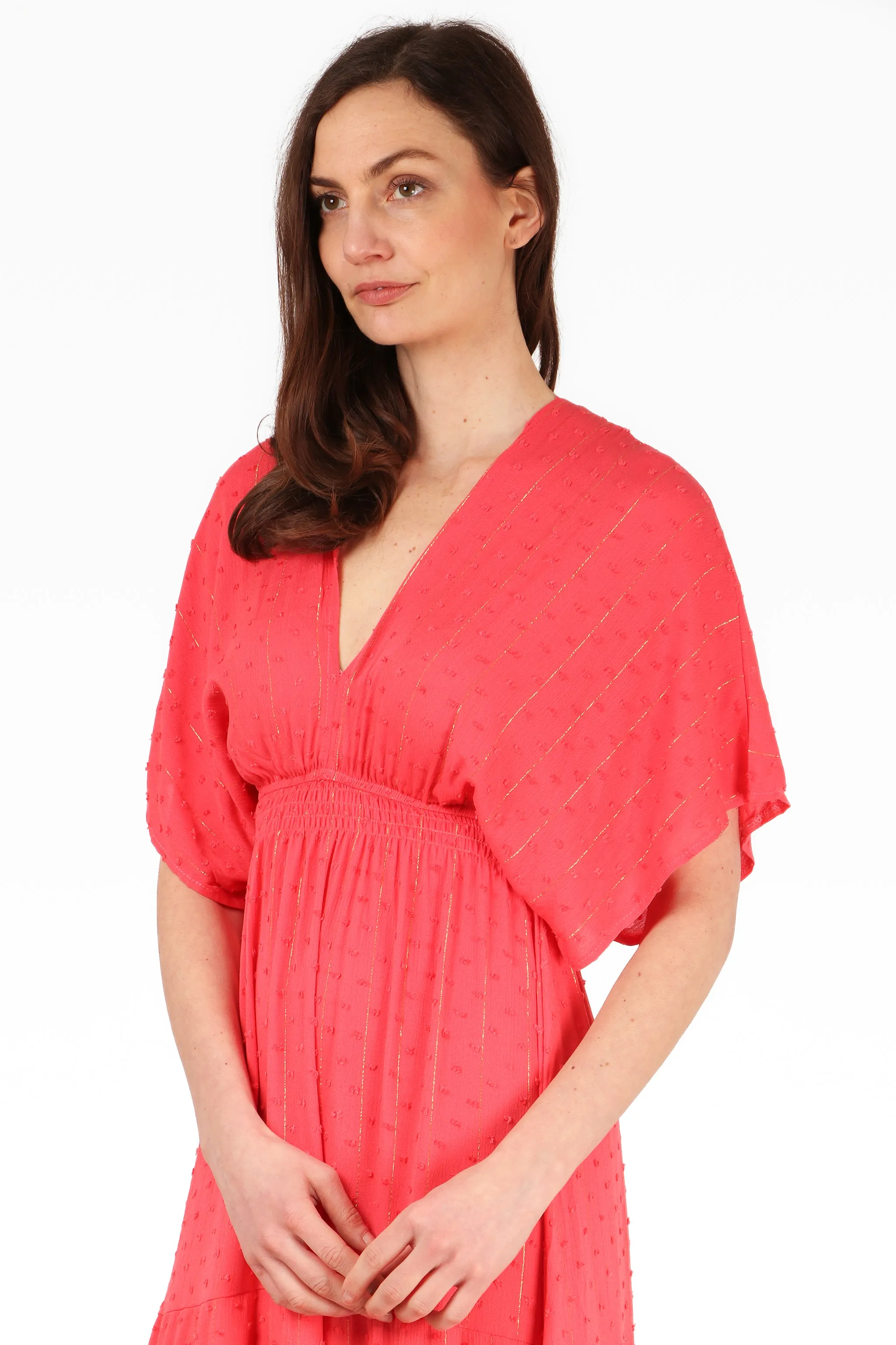 Gold Metallic Stripe Dobby Maxi Kaftan Dress in Coral