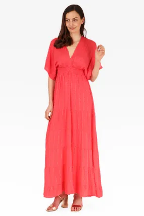 Gold Metallic Stripe Dobby Maxi Kaftan Dress in Coral