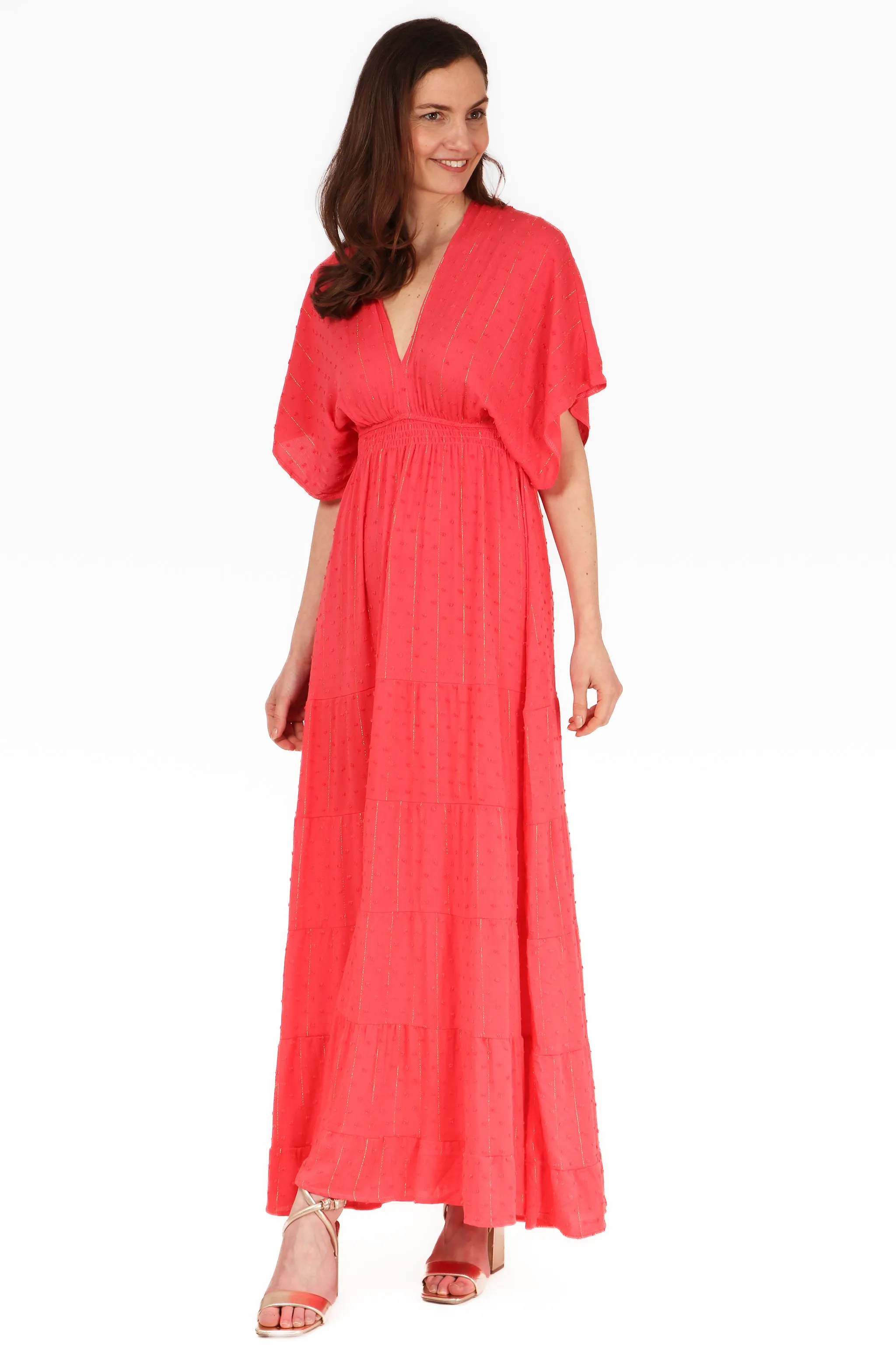 Gold Metallic Stripe Dobby Maxi Kaftan Dress in Coral