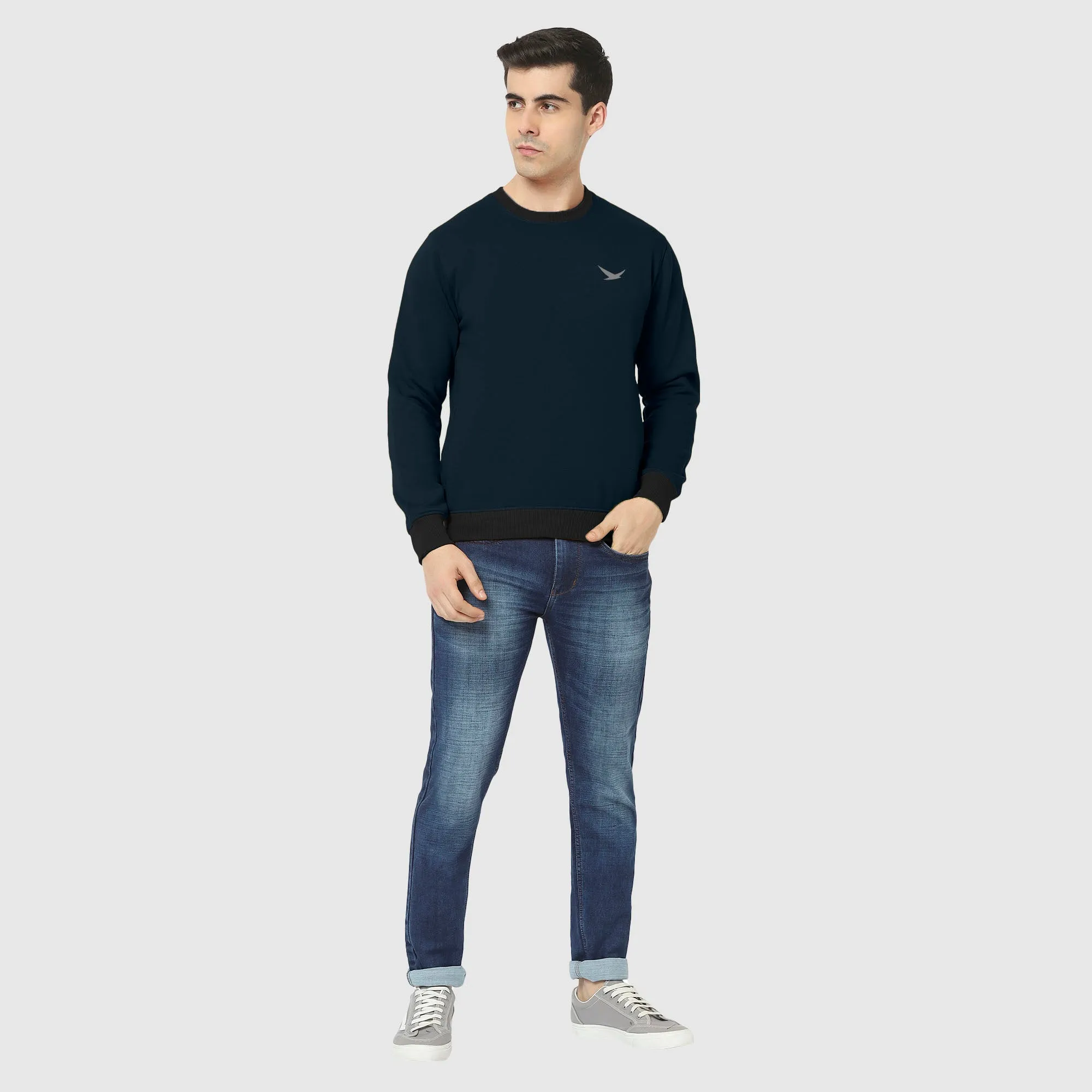 Hiflyers Men Slim Fit Cotrast Rib Cotton Fleece Round Neck Sweatshirt -Navy