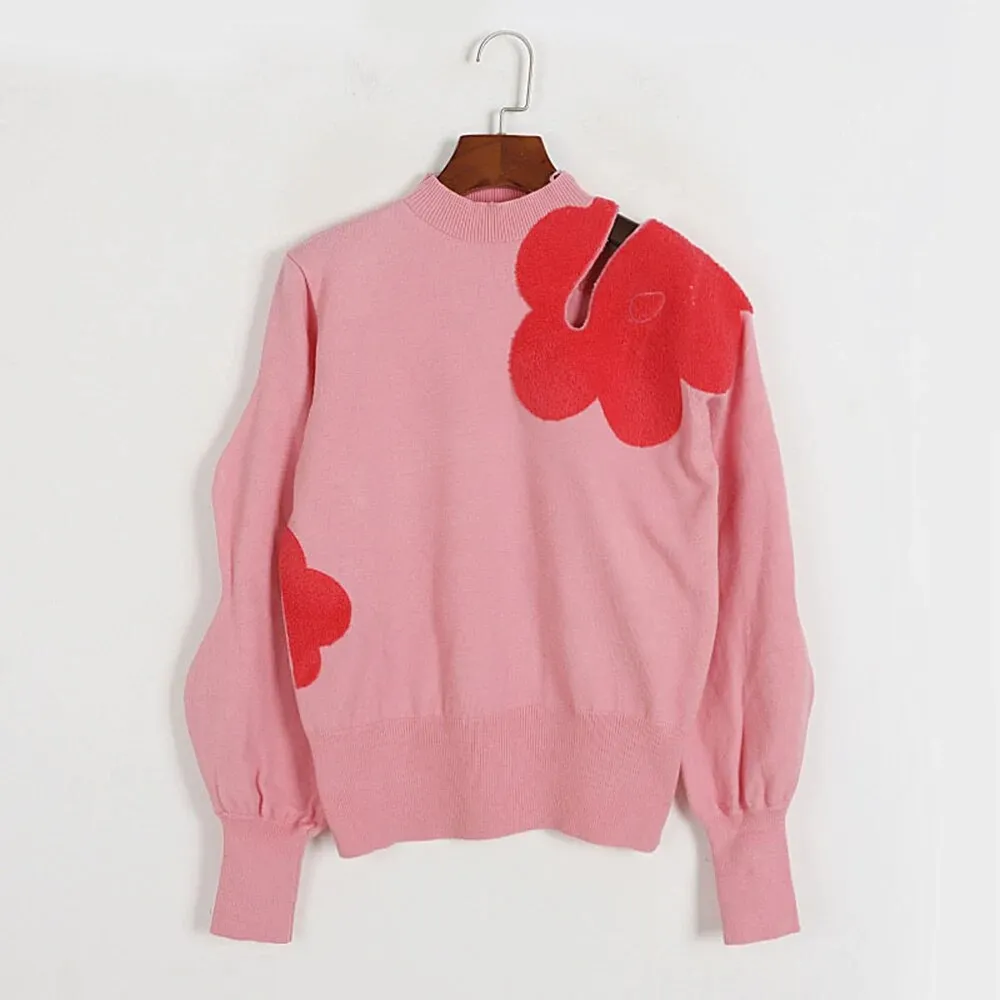 Hit Color Knitting Sweaters For Women Round Neck Lantern Sleeve Hollow Out Loose Autumn Sweater Female Clothing