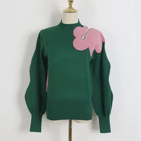 Hit Color Knitting Sweaters For Women Round Neck Lantern Sleeve Hollow Out Loose Autumn Sweater Female Clothing