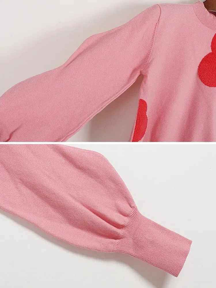 Hit Color Knitting Sweaters For Women Round Neck Lantern Sleeve Hollow Out Loose Autumn Sweater Female Clothing