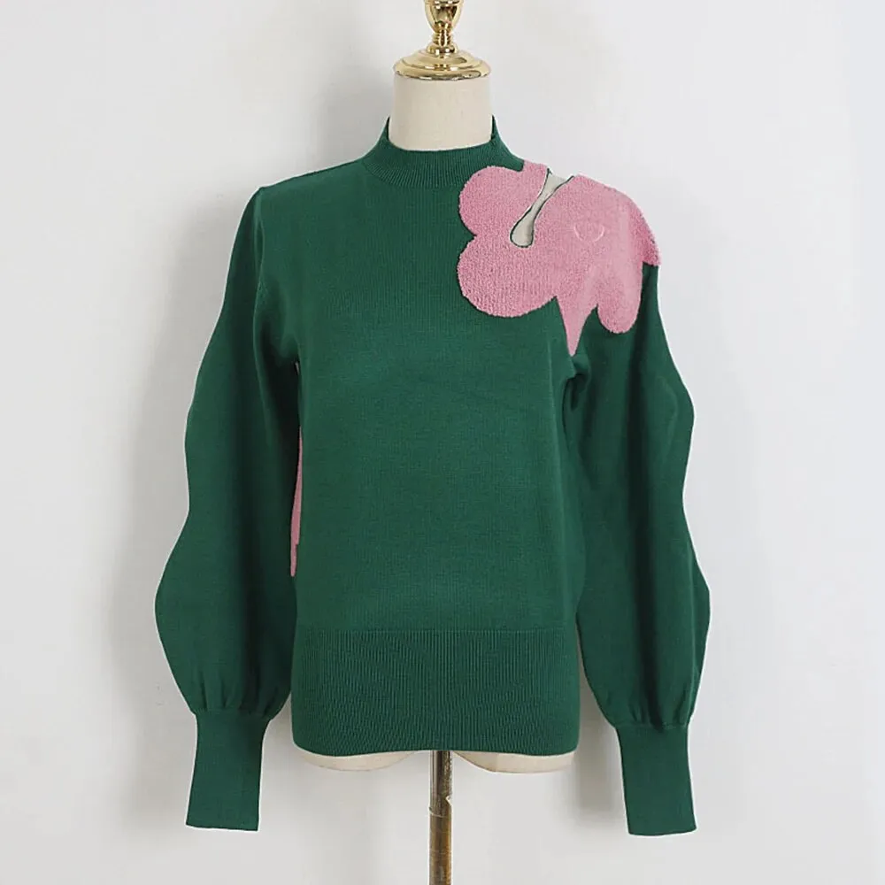 Hit Color Knitting Sweaters For Women Round Neck Lantern Sleeve Hollow Out Loose Autumn Sweater Female Clothing