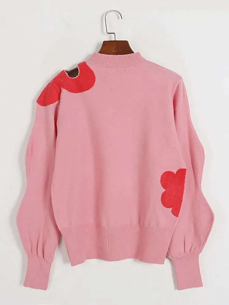 Hit Color Knitting Sweaters For Women Round Neck Lantern Sleeve Hollow Out Loose Autumn Sweater Female Clothing