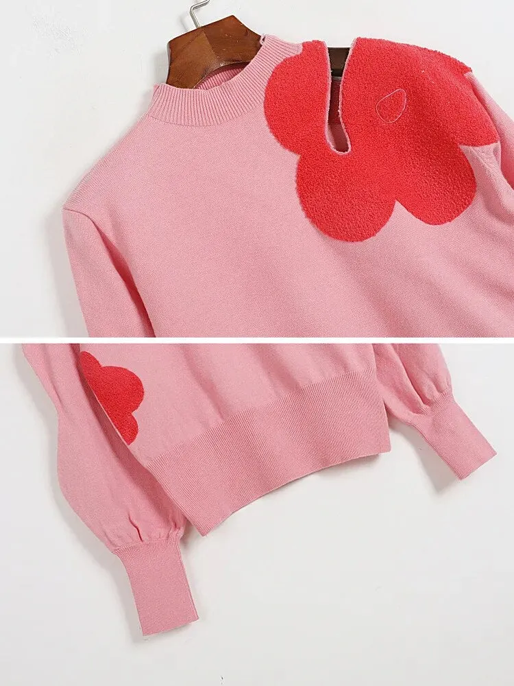 Hit Color Knitting Sweaters For Women Round Neck Lantern Sleeve Hollow Out Loose Autumn Sweater Female Clothing