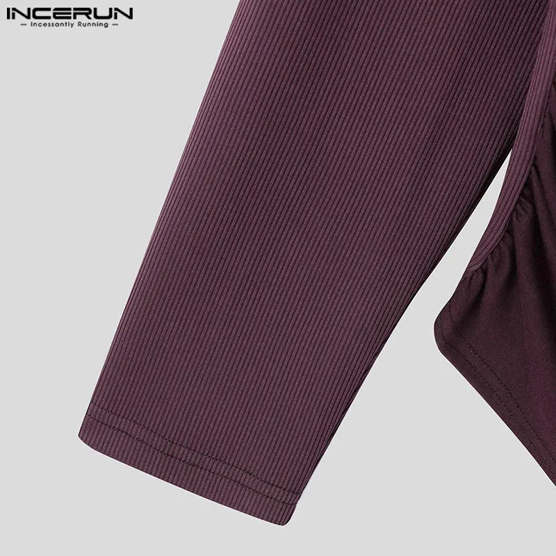 INCERUN Herren-T-Shirts, gut sitzend, langärmelig, 2024, Patchwork, Dekonstruktion, Metallschnalle, Knöpfe, hübsche, einfache Stehkragen-Tops