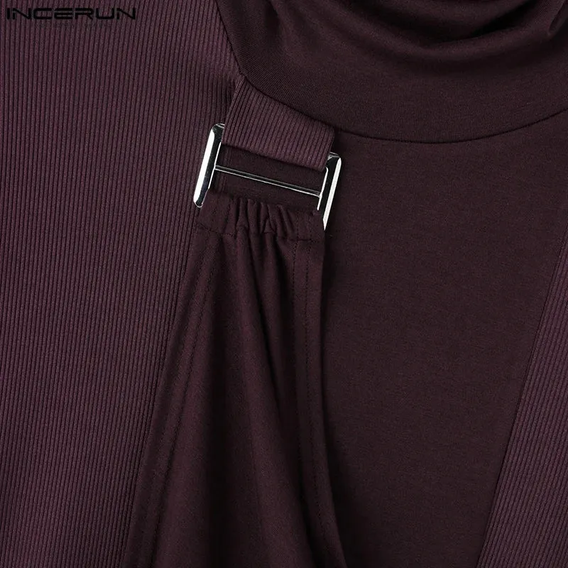 INCERUN Herren-T-Shirts, gut sitzend, langärmelig, 2024, Patchwork, Dekonstruktion, Metallschnalle, Knöpfe, hübsche, einfache Stehkragen-Tops
