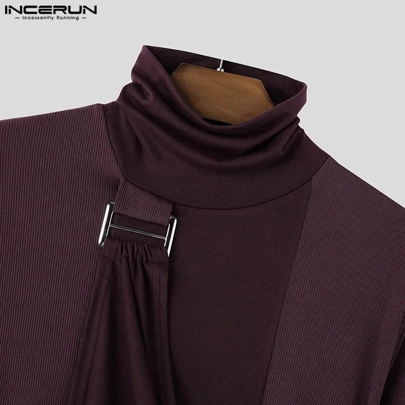 INCERUN Herren-T-Shirts, gut sitzend, langärmelig, 2024, Patchwork, Dekonstruktion, Metallschnalle, Knöpfe, hübsche, einfache Stehkragen-Tops