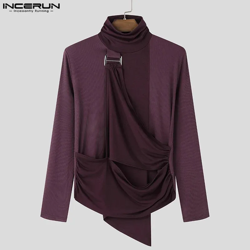 INCERUN Herren-T-Shirts, gut sitzend, langärmelig, 2024, Patchwork, Dekonstruktion, Metallschnalle, Knöpfe, hübsche, einfache Stehkragen-Tops