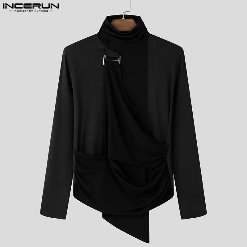 INCERUN Herren-T-Shirts, gut sitzend, langärmelig, 2024, Patchwork, Dekonstruktion, Metallschnalle, Knöpfe, hübsche, einfache Stehkragen-Tops