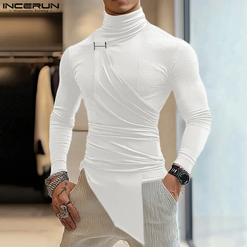 INCERUN Herren-T-Shirts, gut sitzend, langärmelig, 2024, Patchwork, Dekonstruktion, Metallschnalle, Knöpfe, hübsche, einfache Stehkragen-Tops