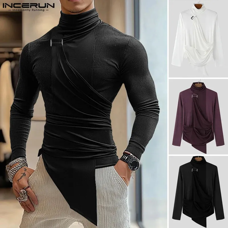 INCERUN Herren-T-Shirts, gut sitzend, langärmelig, 2024, Patchwork, Dekonstruktion, Metallschnalle, Knöpfe, hübsche, einfache Stehkragen-Tops