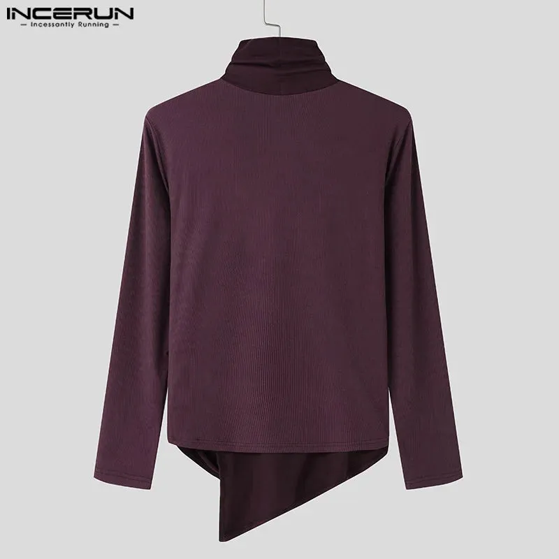 INCERUN Herren-T-Shirts, gut sitzend, langärmelig, 2024, Patchwork, Dekonstruktion, Metallschnalle, Knöpfe, hübsche, einfache Stehkragen-Tops