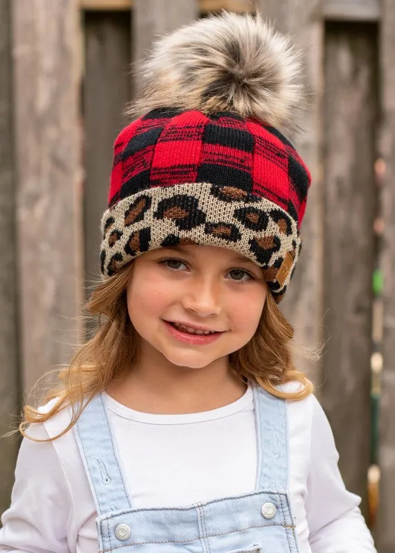 Kids Red/Leopard Buffalo Plaid Pom Beanie