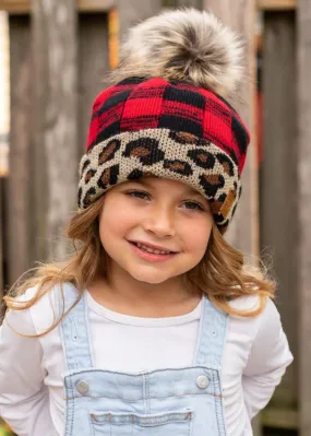 Kids Red/Leopard Buffalo Plaid Pom Beanie