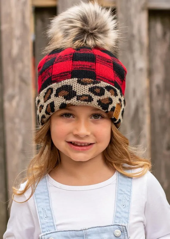 Kids Red/Leopard Buffalo Plaid Pom Beanie