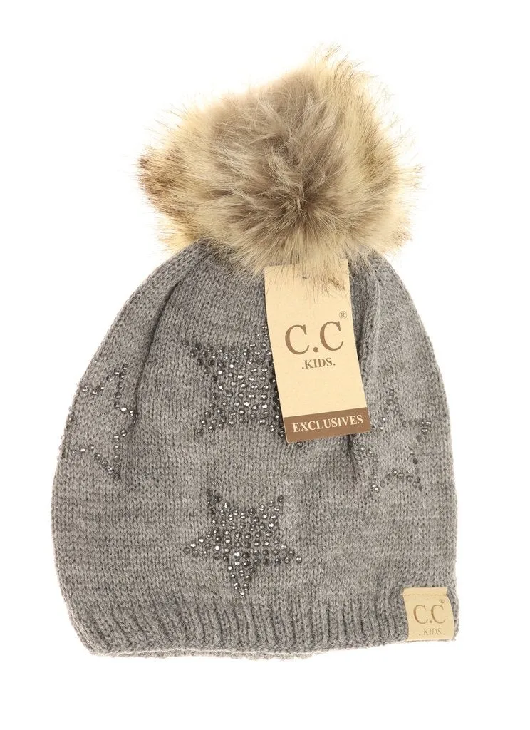KIDS RHINESTONE STAR FUR POM CC BEANIE