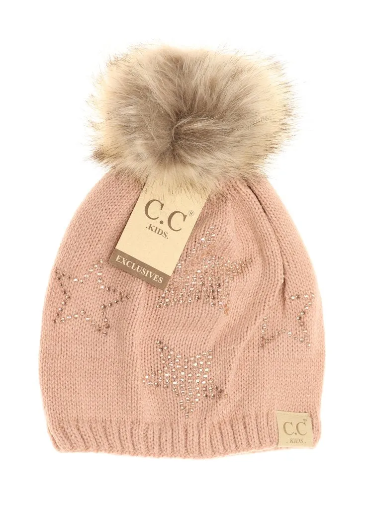 KIDS RHINESTONE STAR FUR POM CC BEANIE