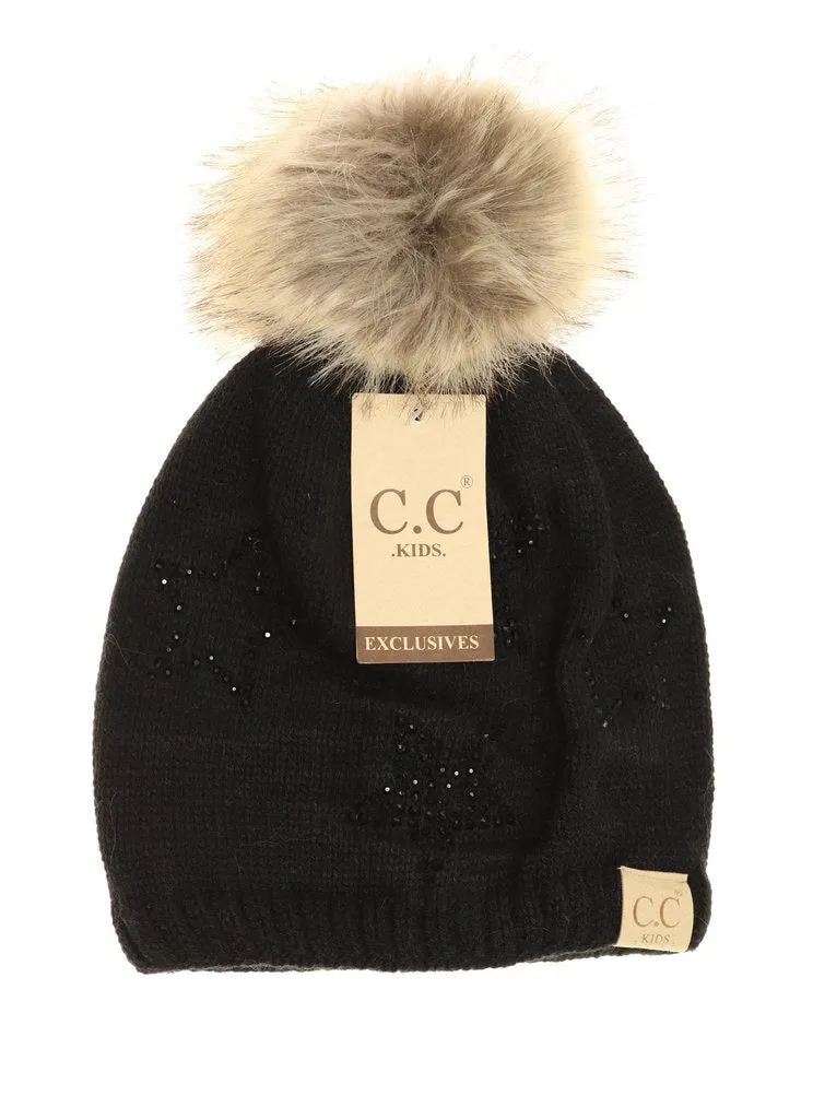 KIDS RHINESTONE STAR FUR POM CC BEANIE