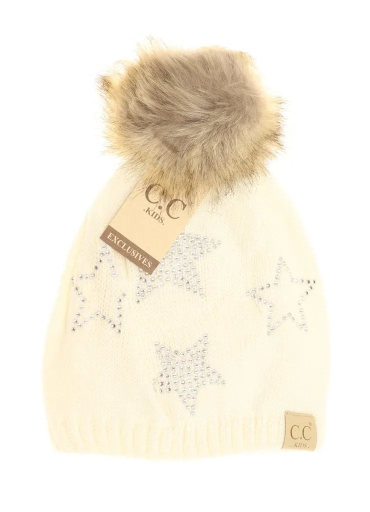 KIDS RHINESTONE STAR FUR POM CC BEANIE