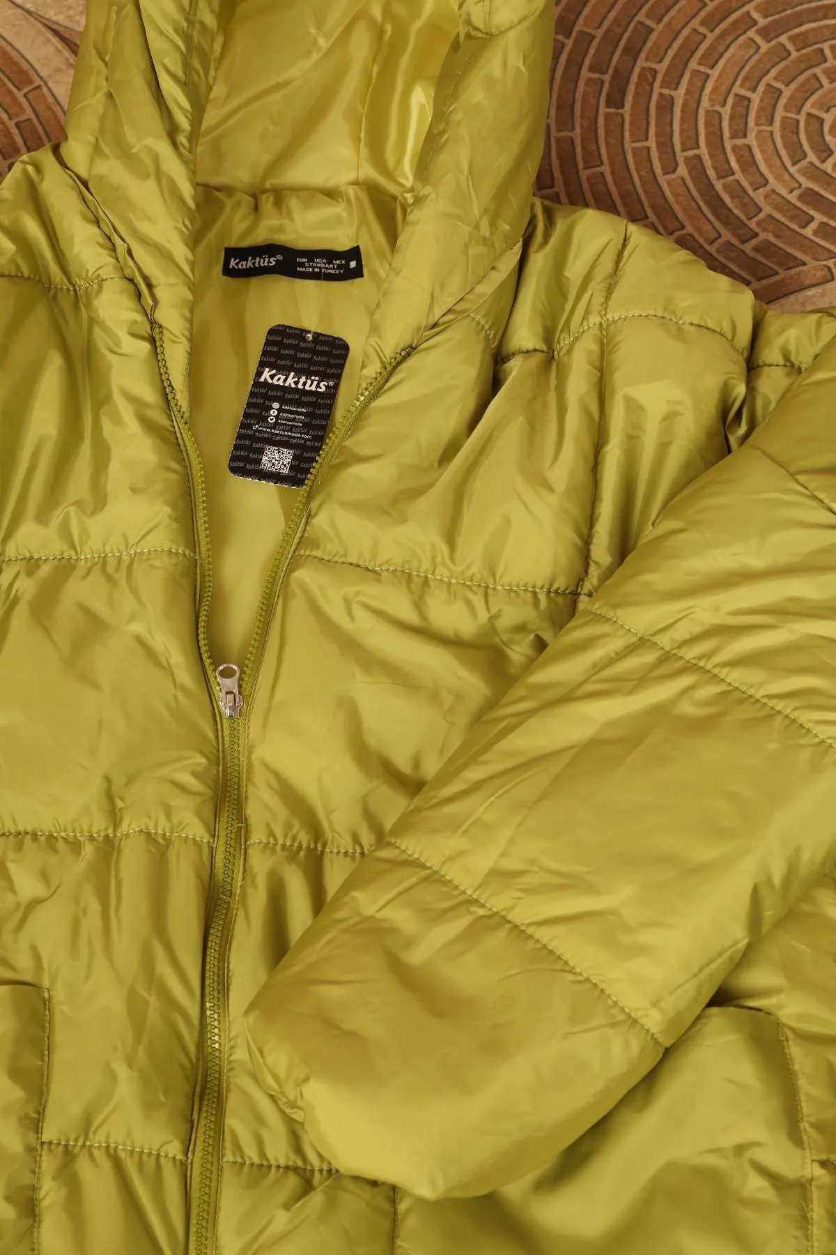 KKT Quilted Fabric Long Sleeve Zip Neck Short Oversize Women Coat-Oil Green - Herne Bay