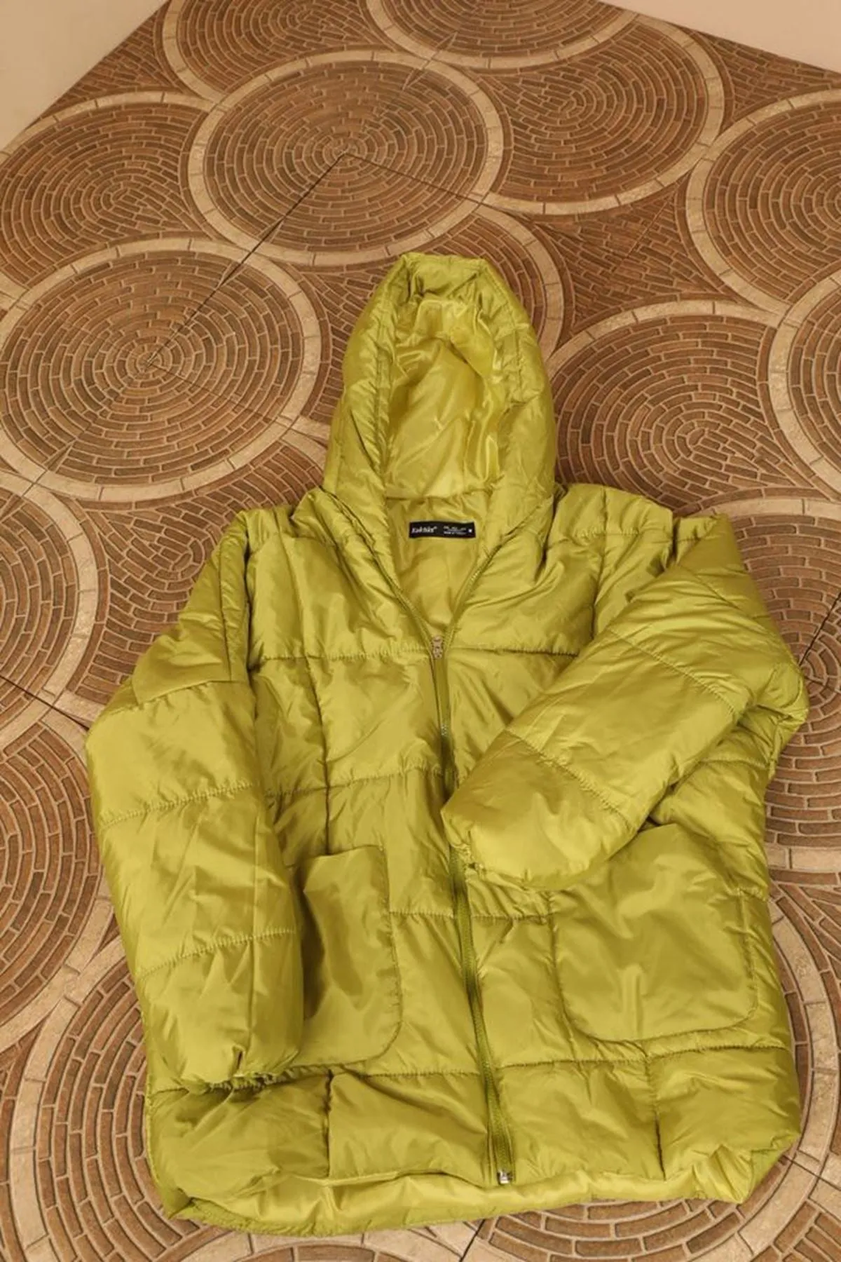 KKT Quilted Fabric Long Sleeve Zip Neck Short Oversize Women Coat-Oil Green - Herne Bay