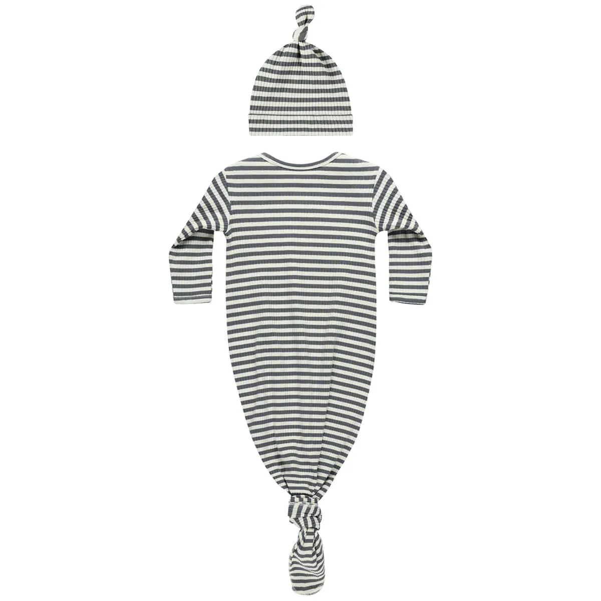 Knotted Baby Gown and Hat Set in Indigo Stripe by Quincy Mae