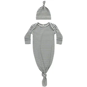 Knotted Baby Gown and Hat Set in Indigo Stripe by Quincy Mae