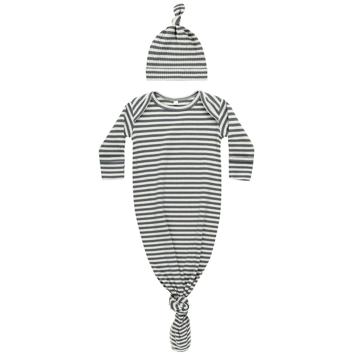 Knotted Baby Gown and Hat Set in Indigo Stripe by Quincy Mae
