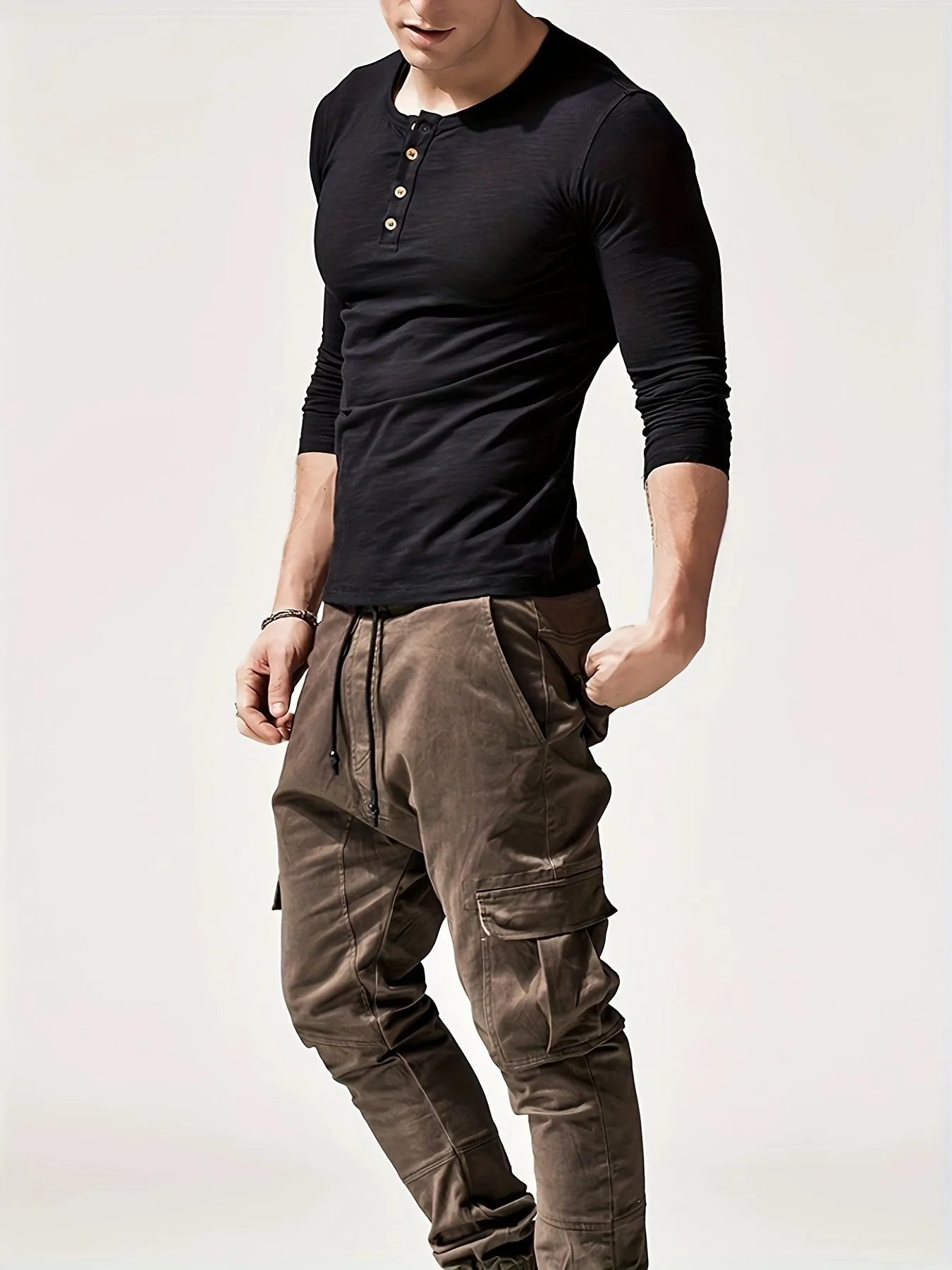 ManPuur - Heren Slim Fit Lange Mouw Henley Shirt met Knoopsluiting
