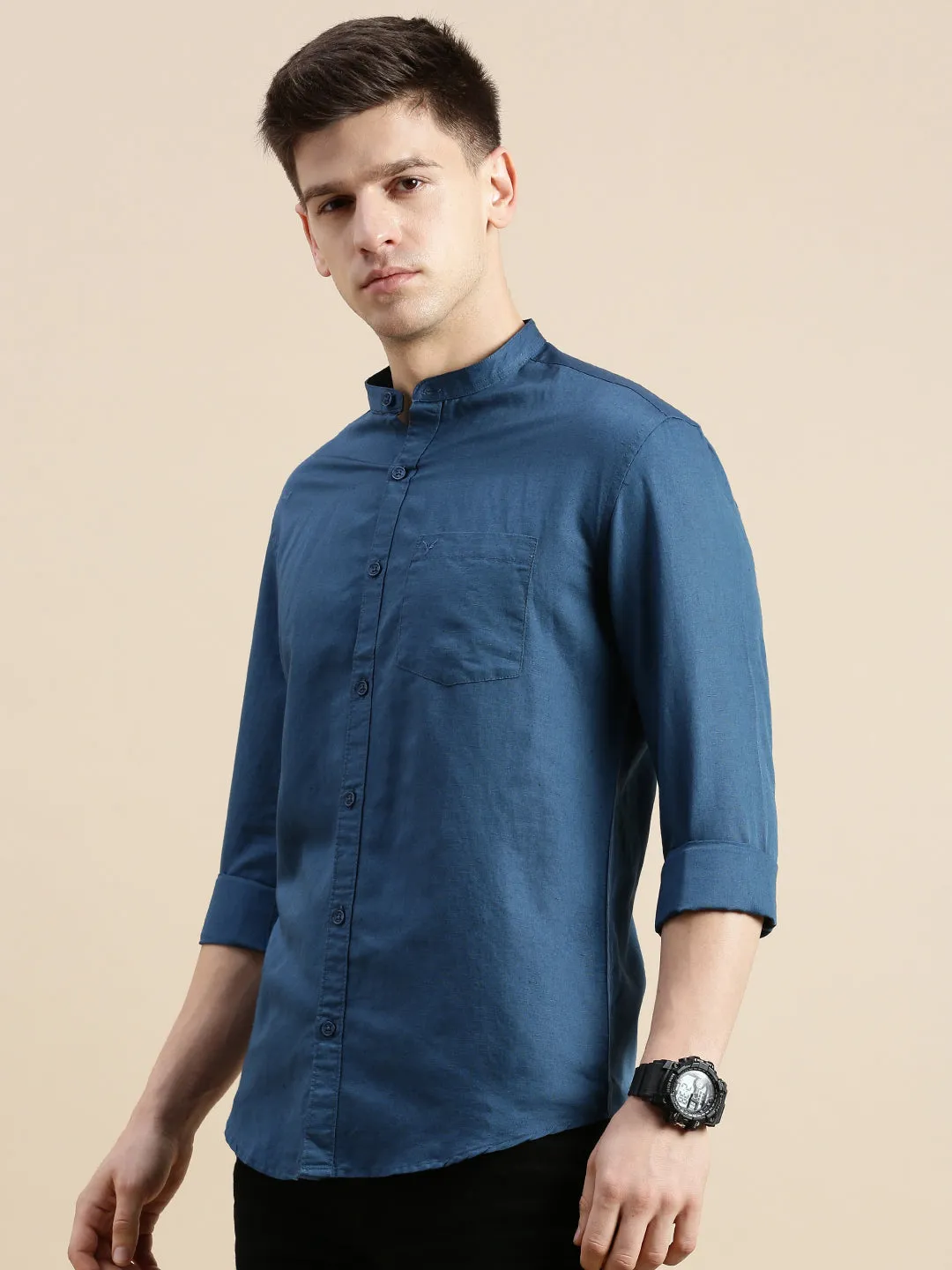 Men Mandarin Collar Solid Teal Shirt