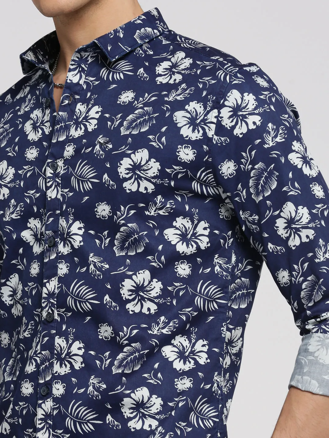 Men Navy Blue Spread Collar Floral Shirt
