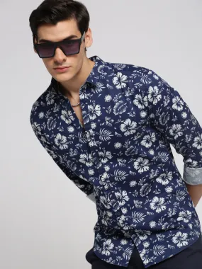 Men Navy Blue Spread Collar Floral Shirt