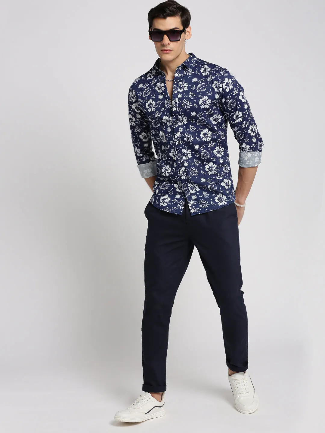 Men Navy Blue Spread Collar Floral Shirt