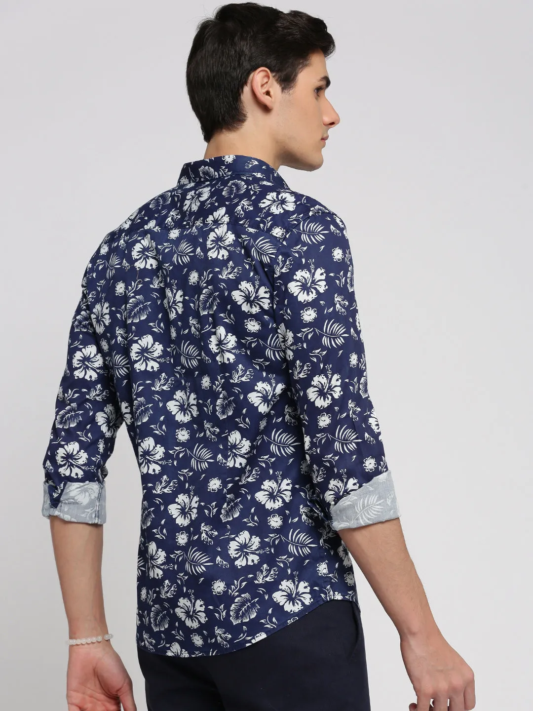 Men Navy Blue Spread Collar Floral Shirt