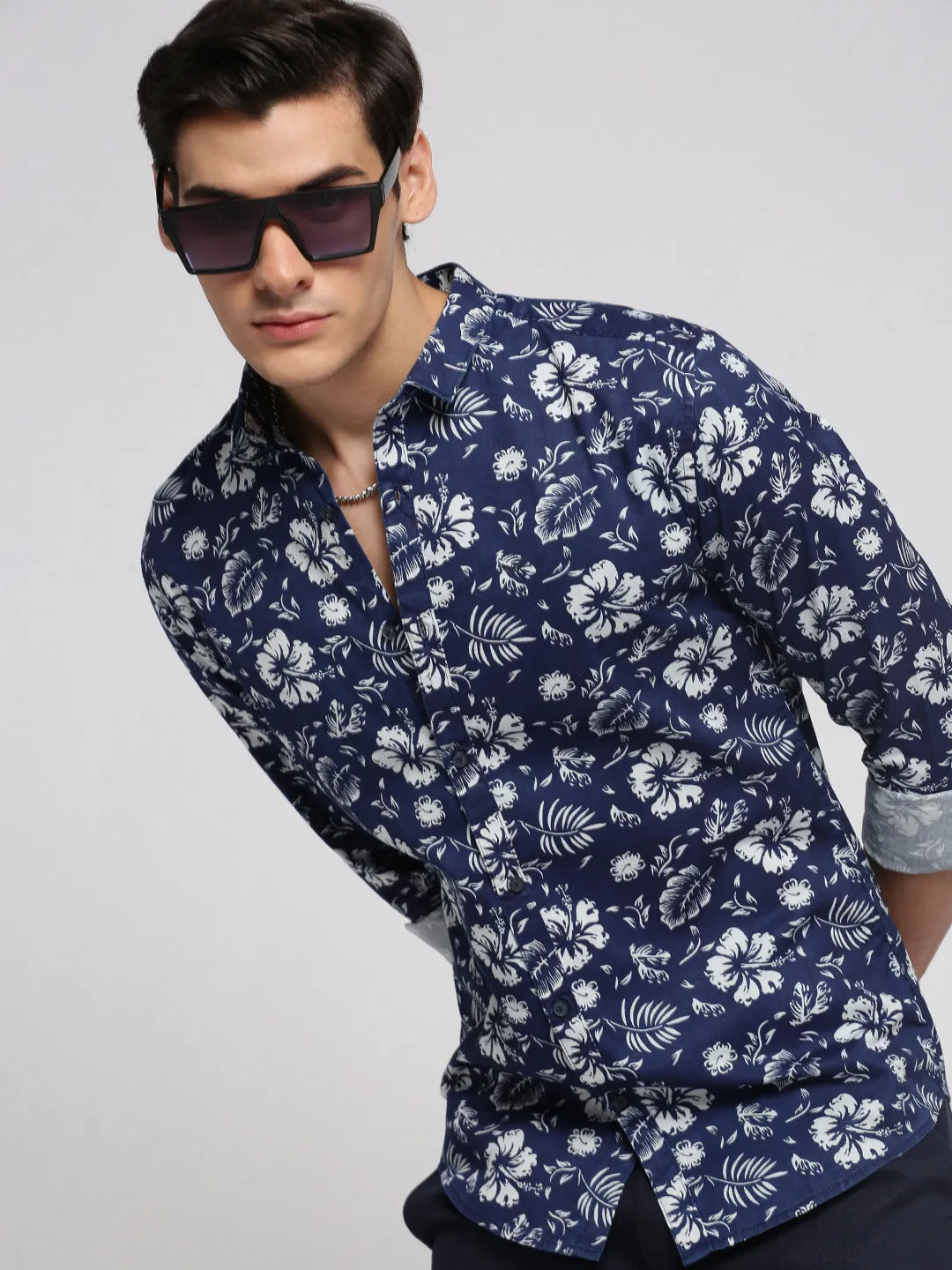 Men Navy Blue Spread Collar Floral Shirt