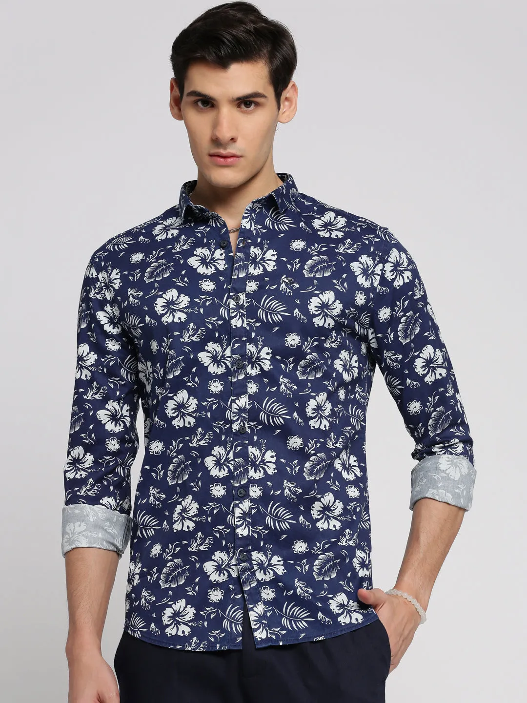Men Navy Blue Spread Collar Floral Shirt