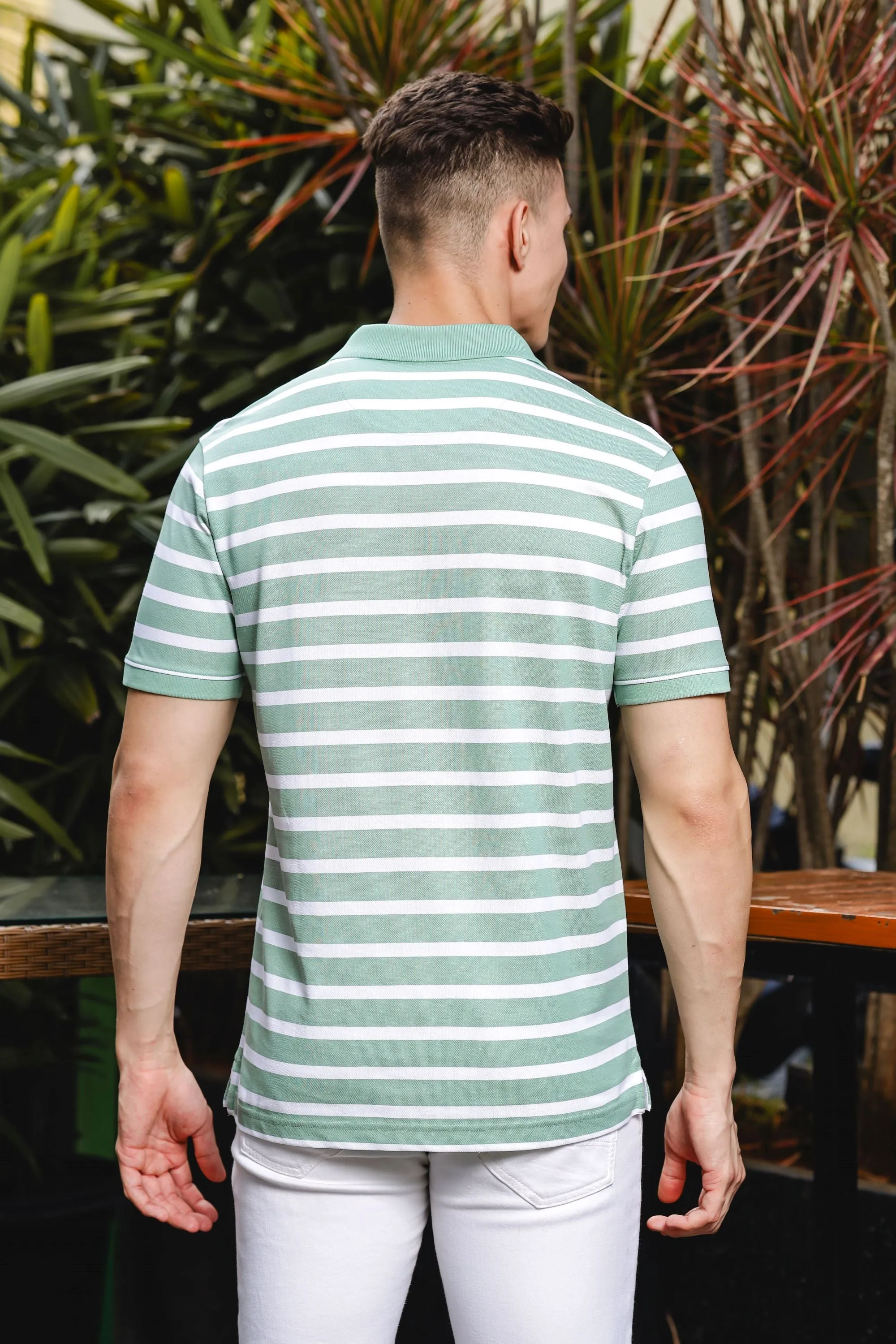 Mens Classic Cotton Polo with Stripes Green