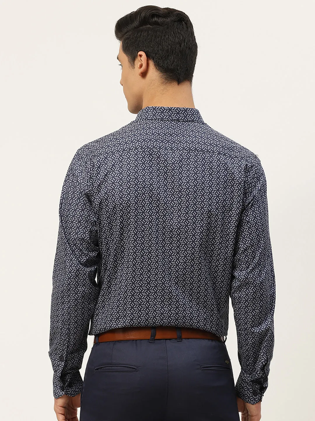 Mens Cotton Navy Blue & Light Blue Printed Formal Shirt - Sojanya