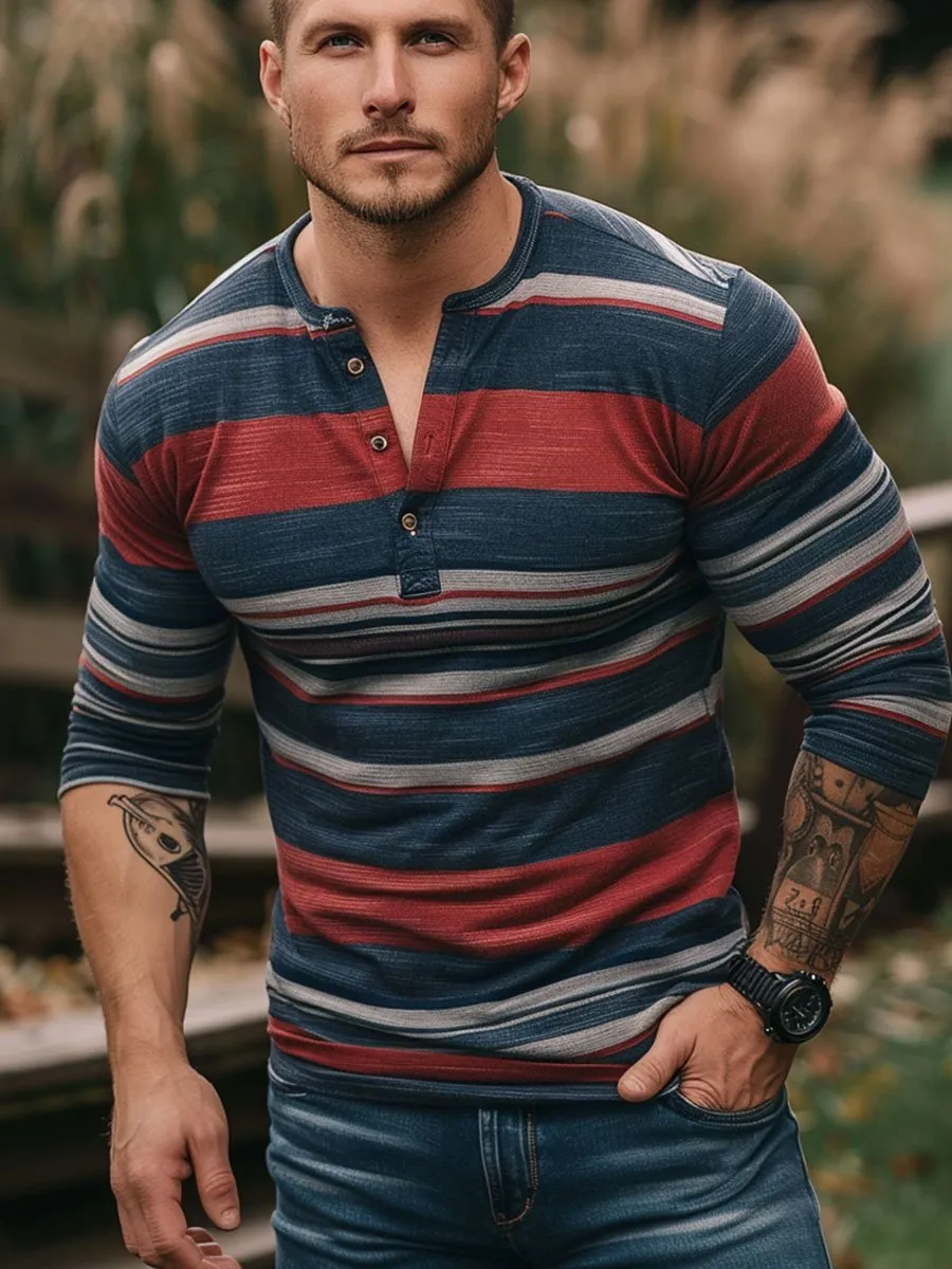 Men's Retro Contrast Stripe Casual Henley Neck Long Sleeve T-Shirt